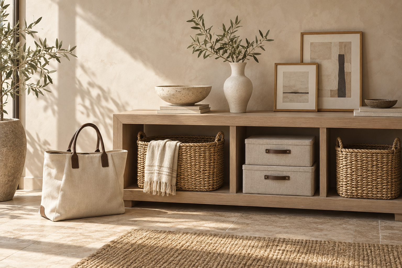 Natural woven baskets and neutral fabric storage bins.